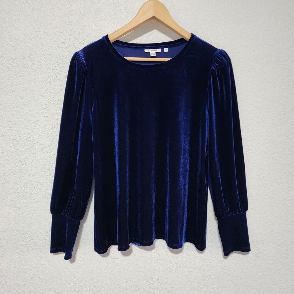 Chico's Royal Blue Velvet Crew Neck Long Sleeve Top Size 2 Large Festival